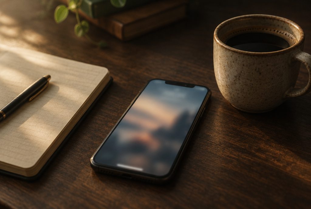 Mobiltelefon og notatbok på skrivebordet — Google Ads eller Meta?