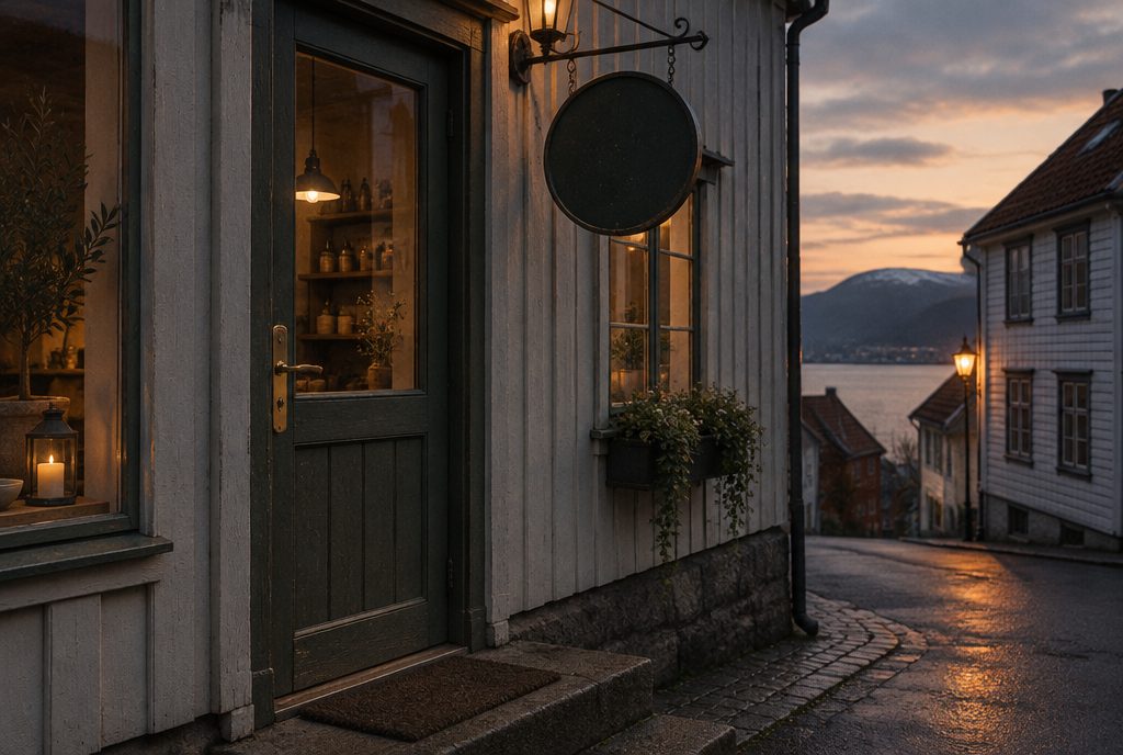 Inngangsdøra til ein liten butikk — Google Bedriftsprofil steg for steg