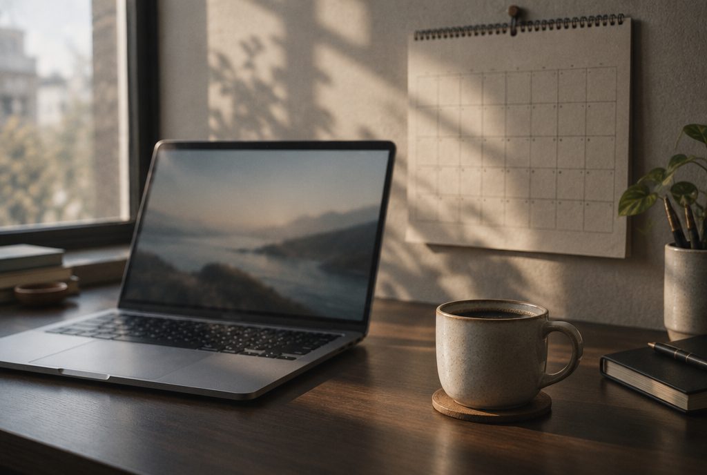 Berbar PC og papirkalender på eit skrivebord — Google Workspace samlar e-post og kalender