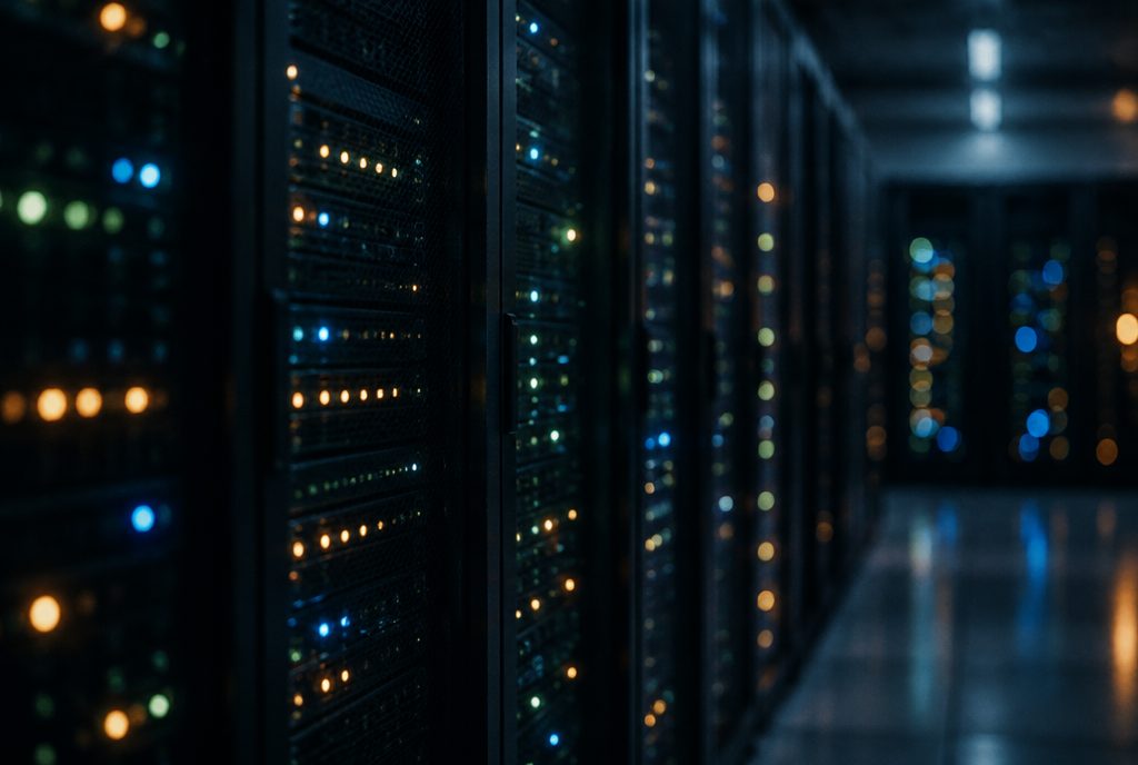 Lys frå serverrack i eit mørkt rom — hosting og drift av nettsider