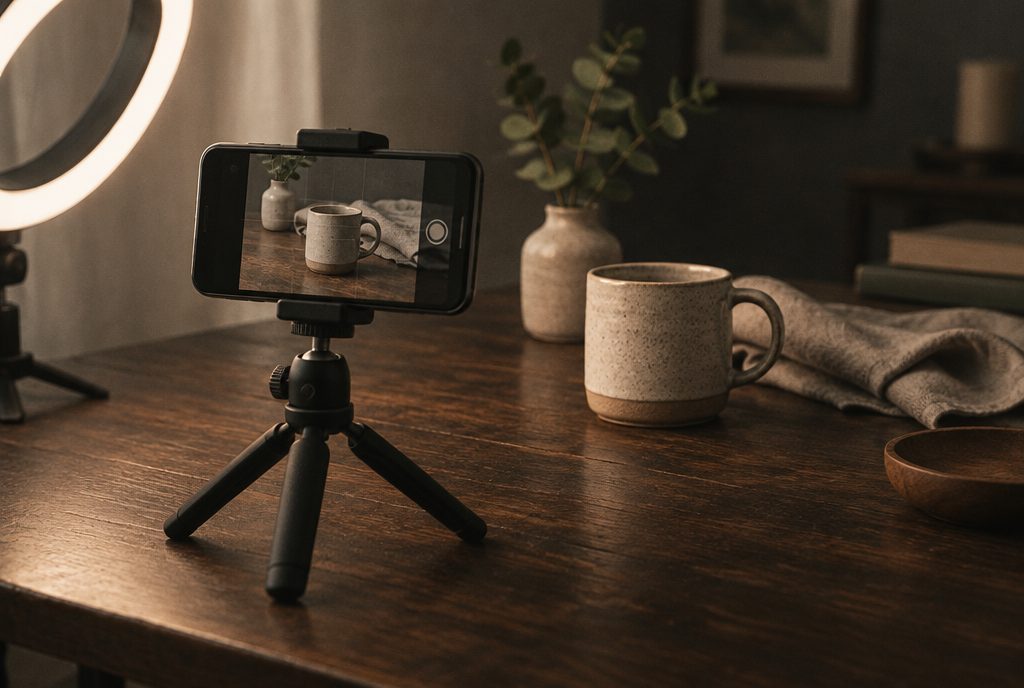 Telefon på stativ, klar til å filme eit produkt — innhald til Meta- og TikTok-annonsering